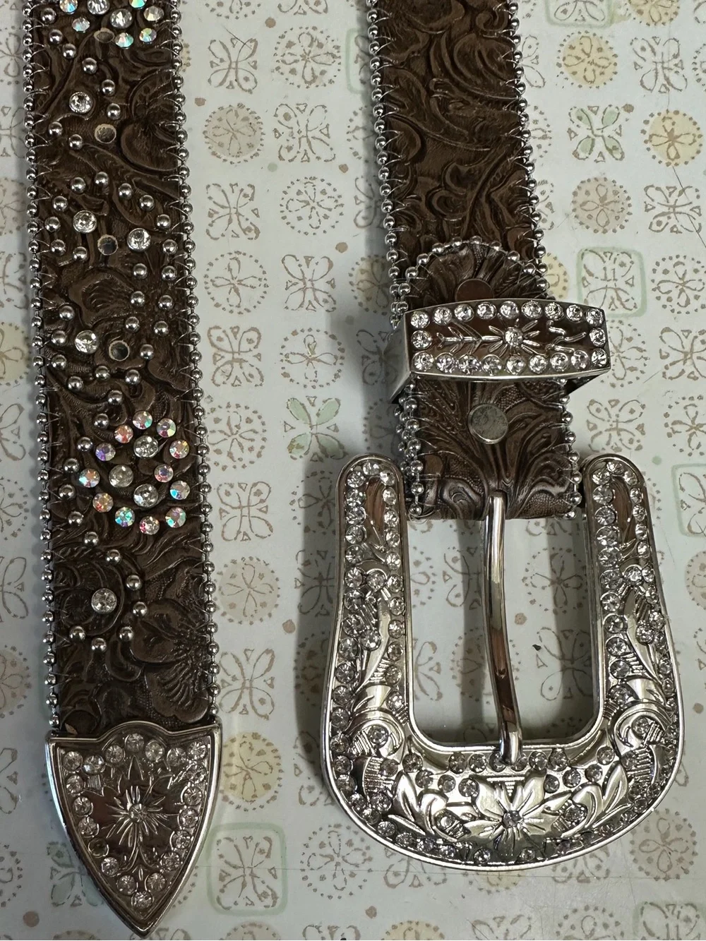 Women's Brown Embossed Leather Belt with Crystal Wing Buckle